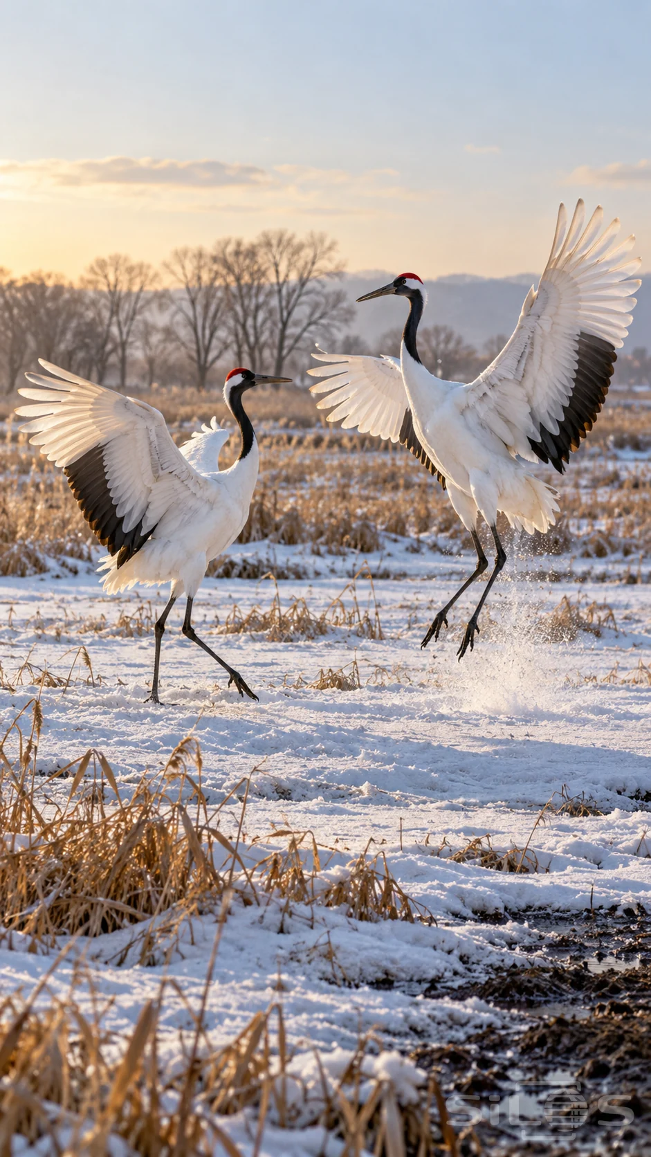 Two white cranes with black necks and red crowns spread their wings above snowy ground beside a golden reed bed.