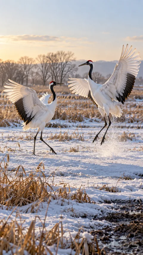 Two white cranes with black necks and red crowns spread their wings above snowy ground beside a golden reed bed.