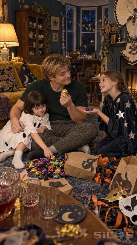 A candy bargain after Halloween with Dad holding a gold sweet as one daughter offers two purple sweets and her sister reaches into the pile.