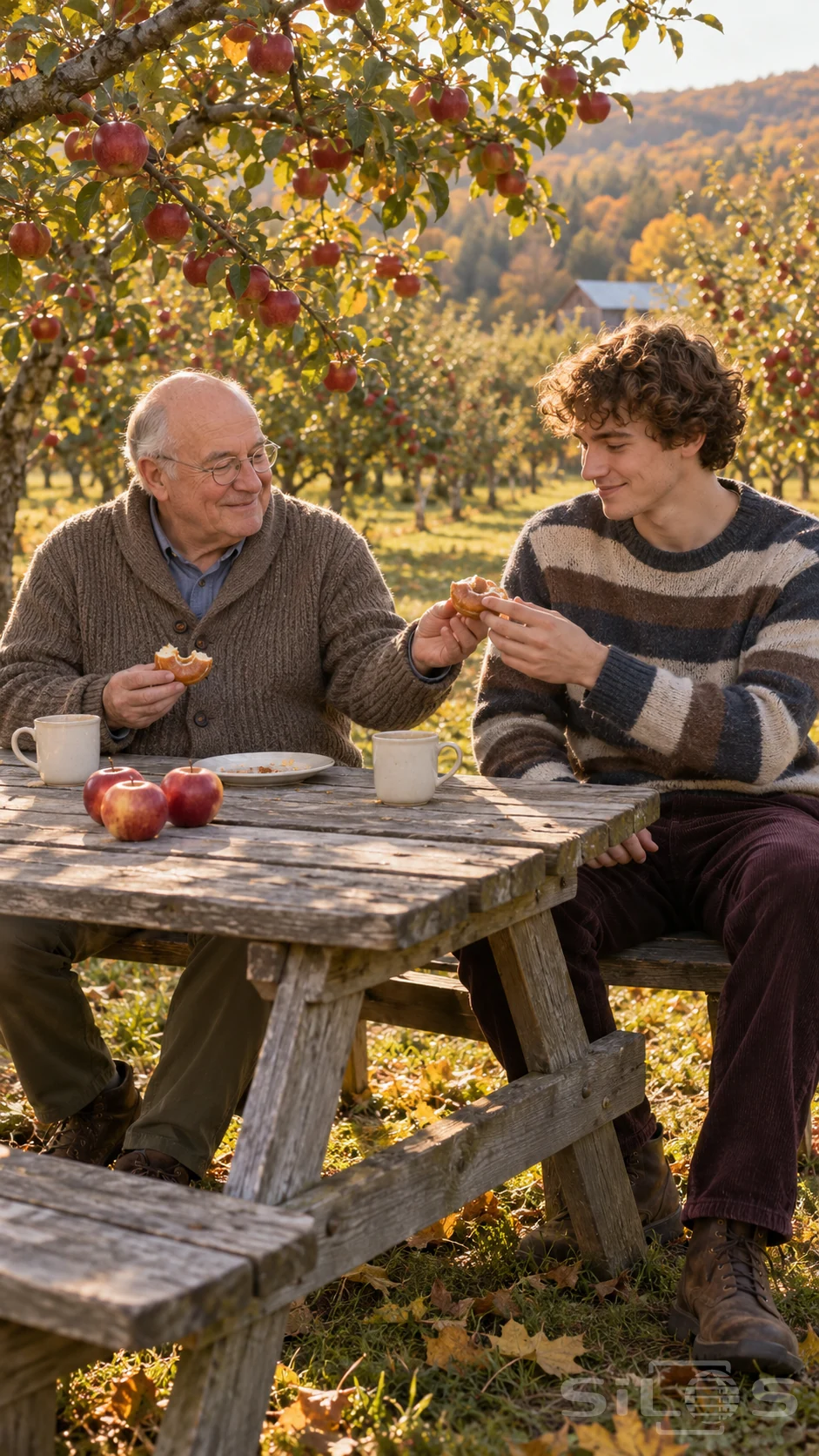 An older father hands half a doughnut to his adult son at a wooden picnic table beneath apple branches in autumn light.