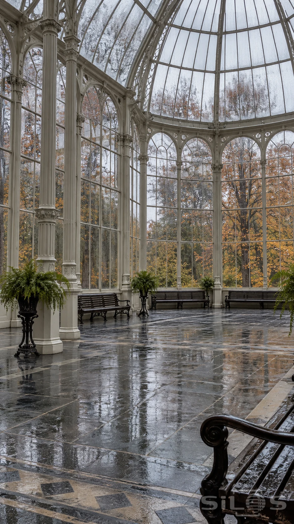 A glass garden pavilion rises beneath a tall curved roof supported by pale iron columns.