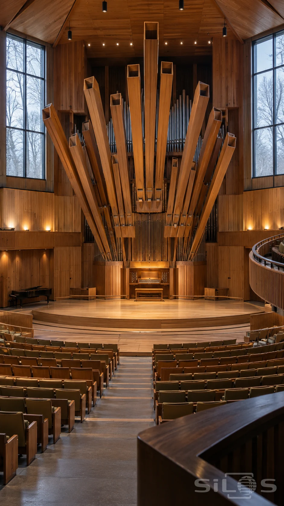 Empty timber recital hall with monumental angled square wooden organ pipes, silver pipes behind, curved seating and tall winter windows.