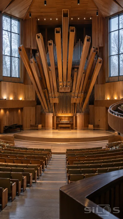 Empty timber recital hall with monumental angled square wooden organ pipes; silver pipes behind; curved seating and tall winter windows.