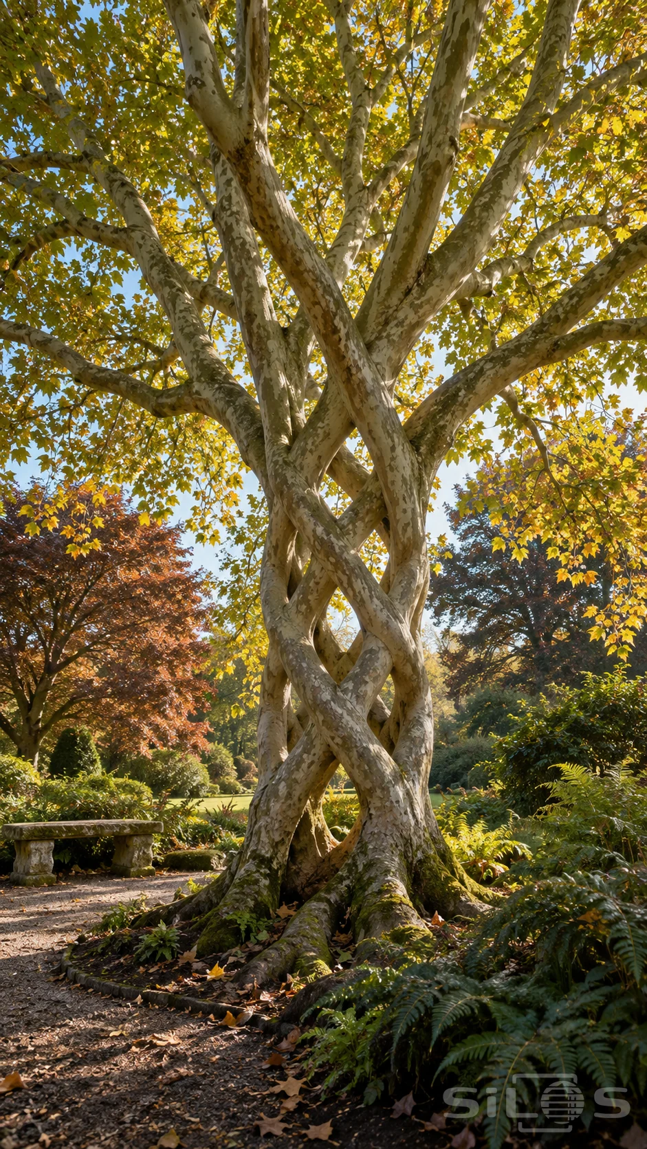 Mature plane-tree trunks weave around diamond openings above mossy roots in an autumn garden with ferns and a stone bench.