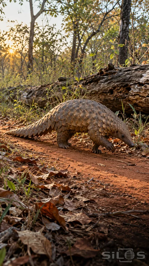 A pangolin with overlapping tan scales walks along red earth beside a fallen log; with its long tail behind it.