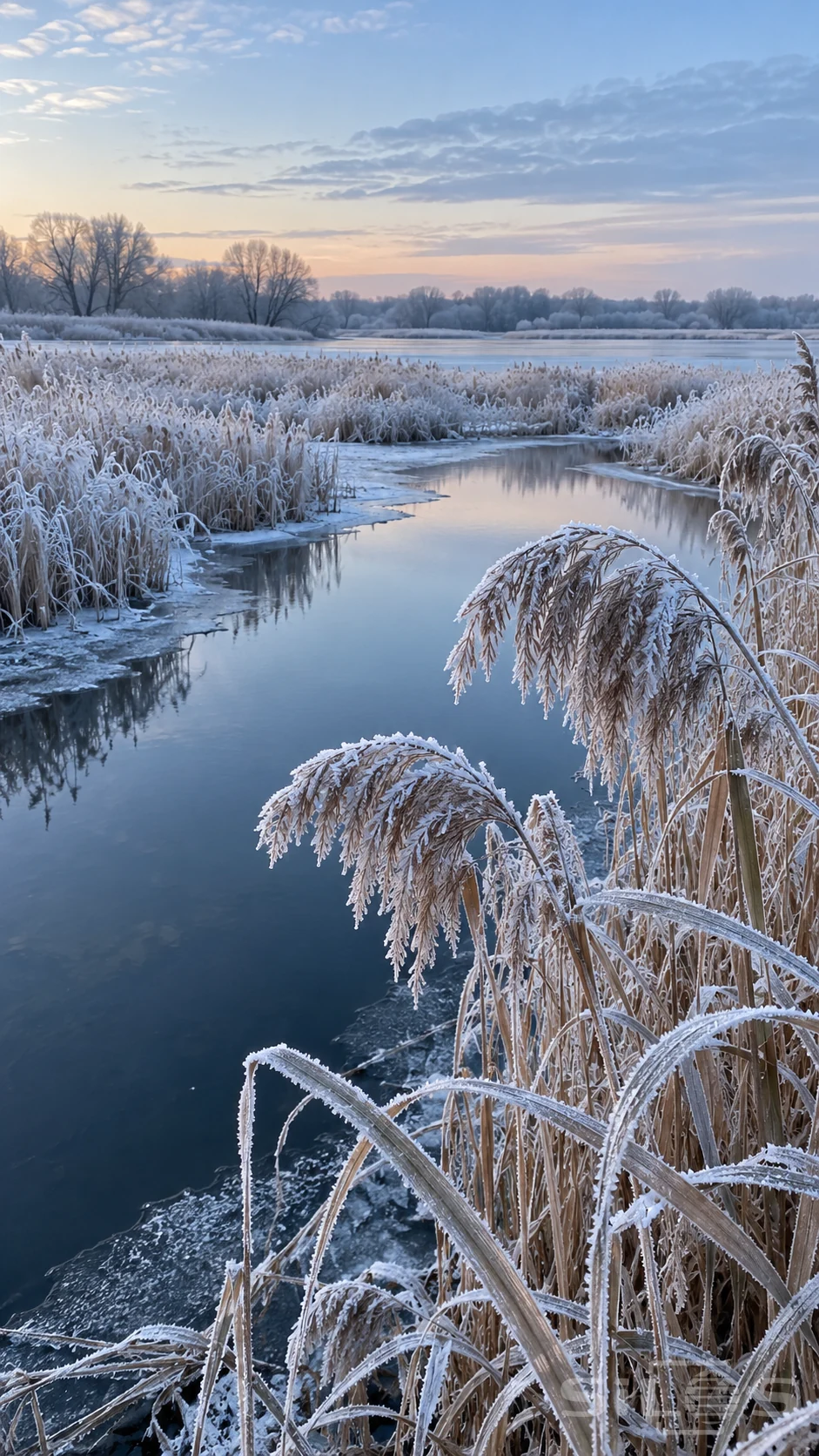 Frosted reedbed with drooping white-edged plumes curves around dark open water beneath a pale dawn sky.