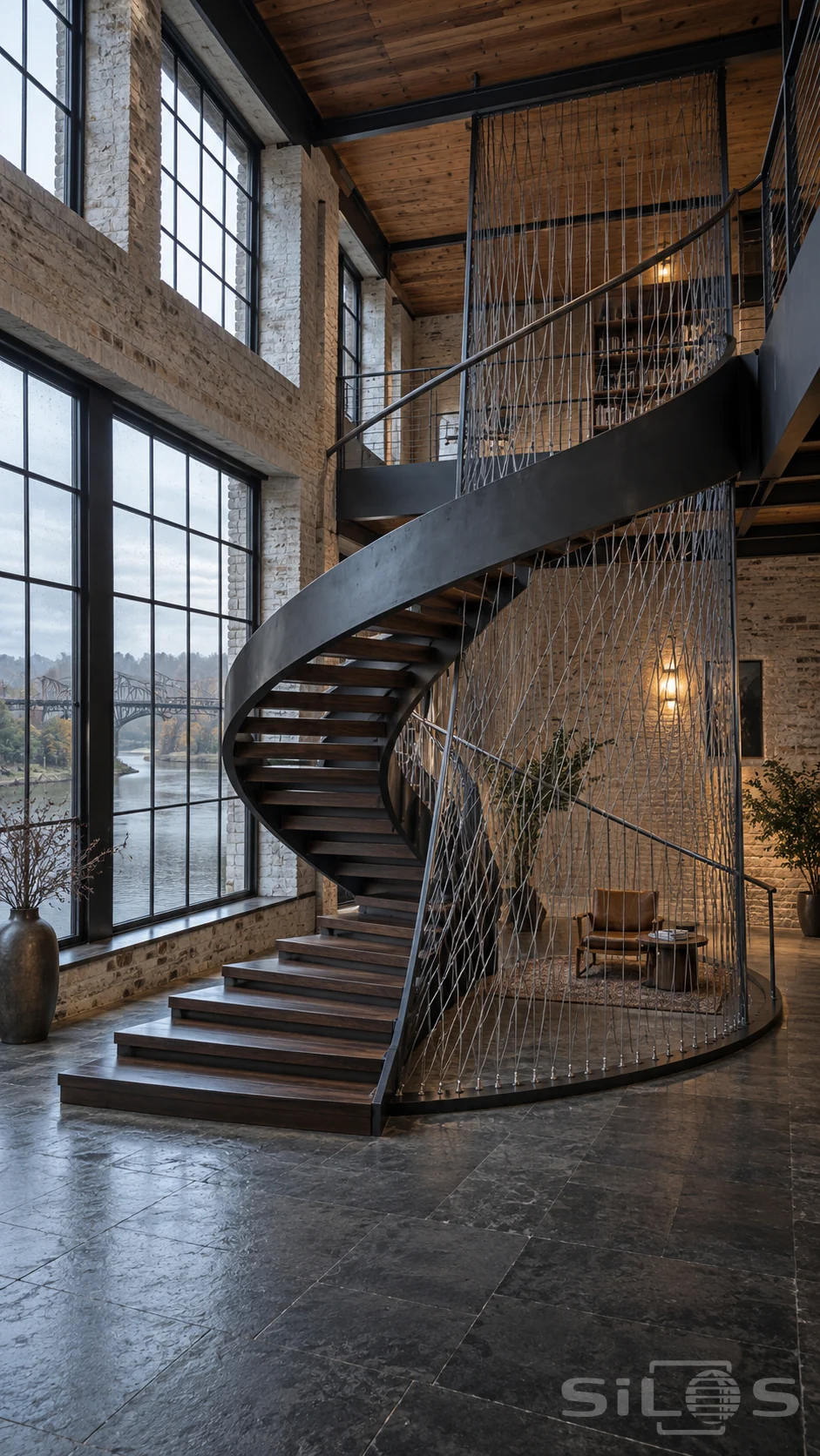 A dark timber and steel staircase curves around a cable mesh enclosure beside tall industrial windows.