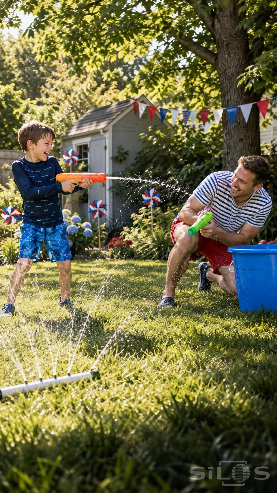 A father and son enjoy backyard water games with orange and green toy blasters, a lawn sprinkler and red, white and blue bunting.