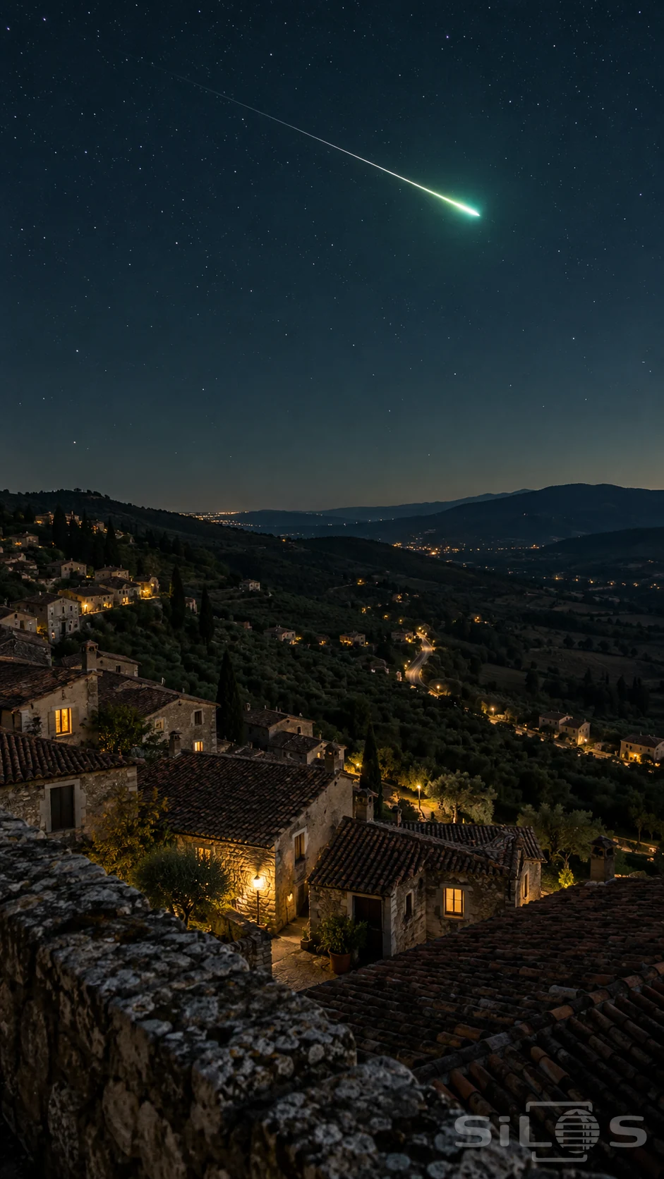 A green-white fireball streaks across a starry sky above terracotta roofs and scattered warm village lights.