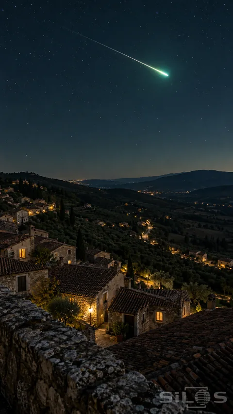 A green-white fireball streaks across a starry sky above terracotta roofs and scattered warm village lights.