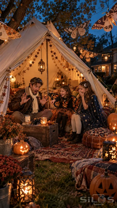 Halloween glamping with a father and two daughters laughing around a toy spider among moth garlands and pumpkin lanterns.