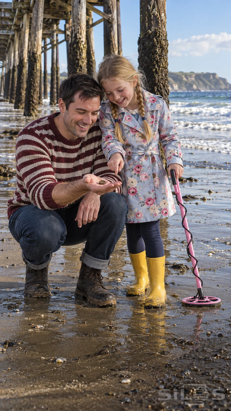 A father and daughter enjoy metal detecting beneath a pier; she wears a floral raincoat and holds a pink detector.