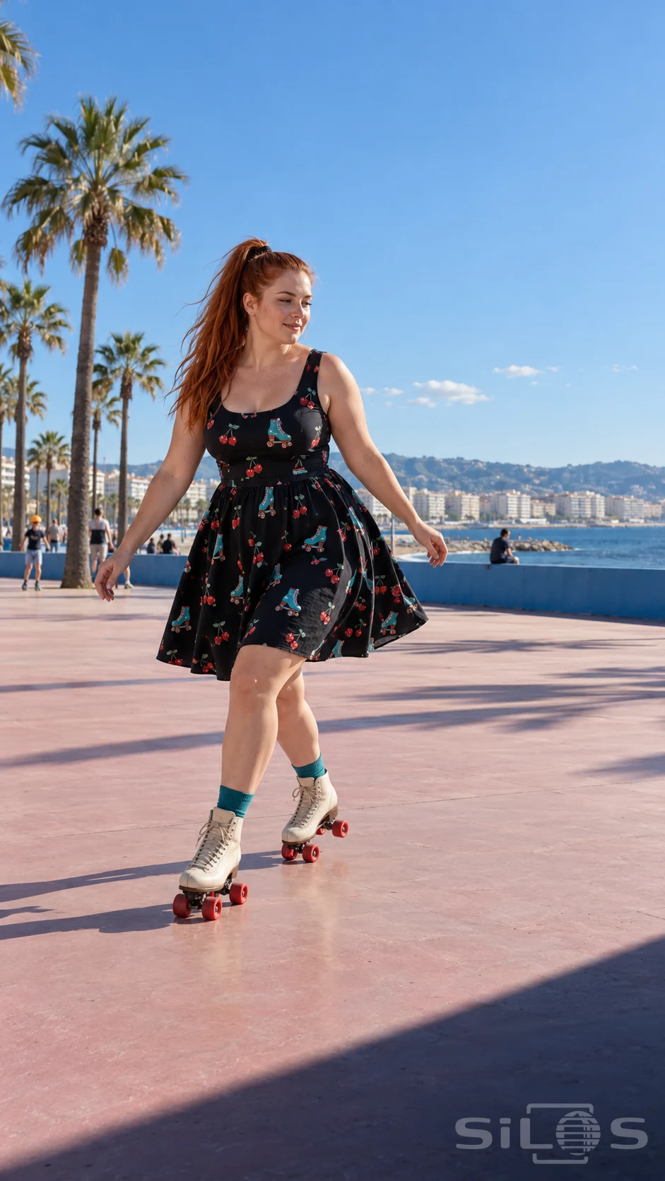 A woman roller skating in a black printed dress crosses a pink seaside plaza beneath palm trees.