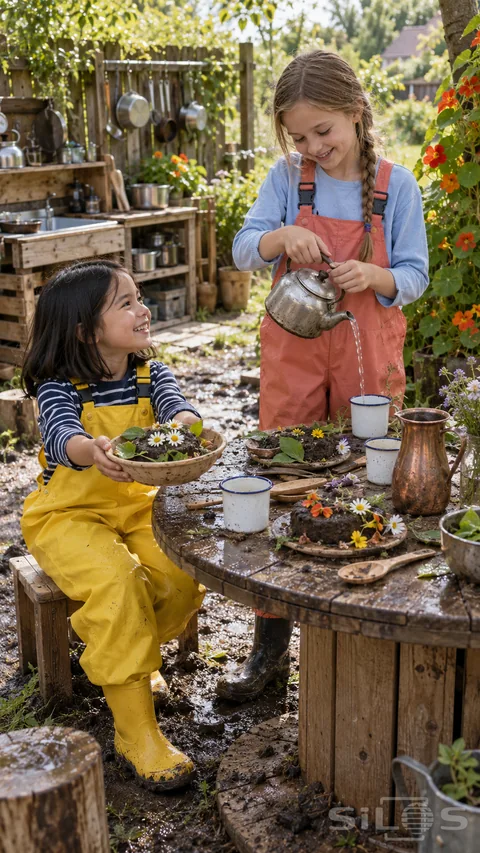 Two girls host a mud kitchen tea party; pouring water into an enamel cup and presenting a mud pie covered with daisies.