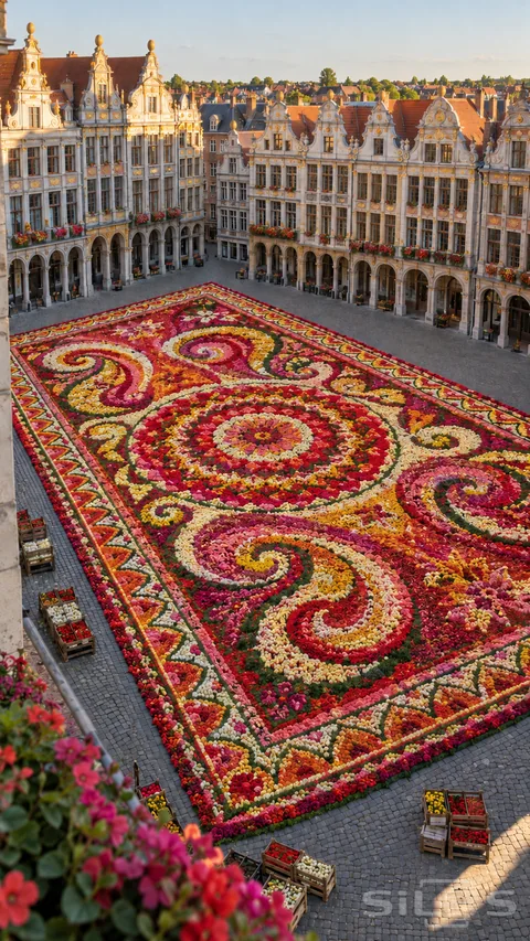 An enormous red and pink flower carpet with gold borders fills a cobbled market square surrounded by ornate market halls.