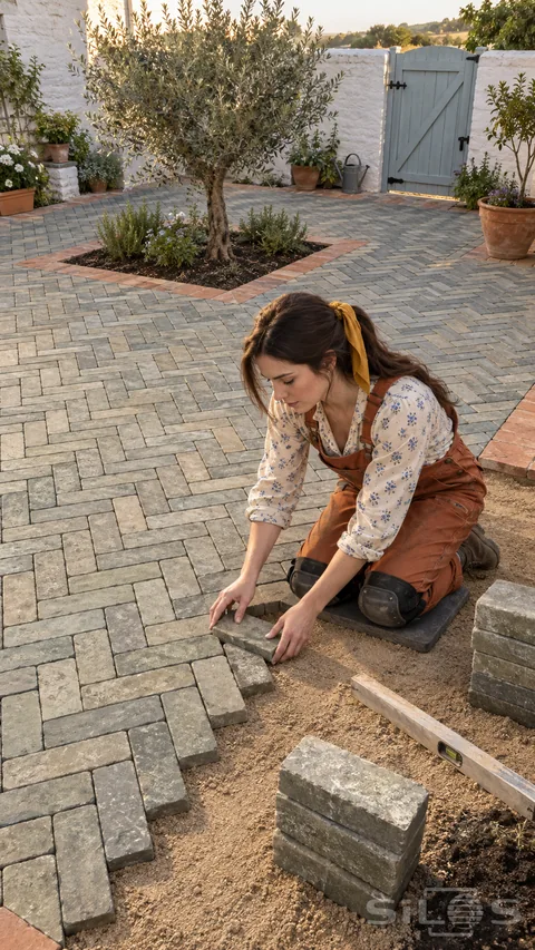 Woman kneels to place a stone in herringbone paving beside a terracotta brick border in a garden courtyard.