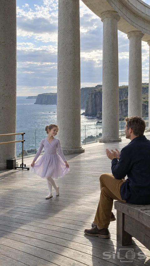 A girl in a lavender ballet outfit makes a ballet bow toward her seated father beneath tall seaside stone columns.