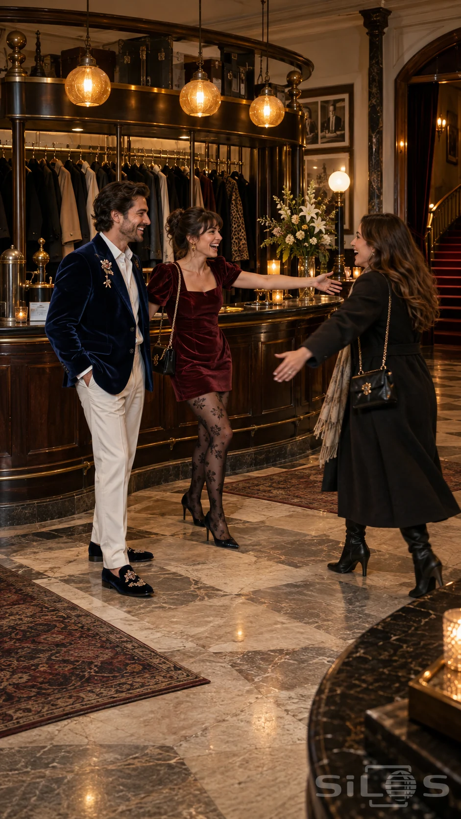 A velvet coatcheck reunion unfolds beside a curved wooden counter beneath amber lamps.