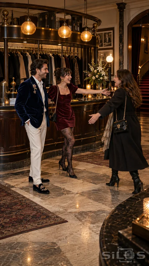 A velvet coatcheck reunion unfolds beside a curved wooden counter beneath amber lamps.