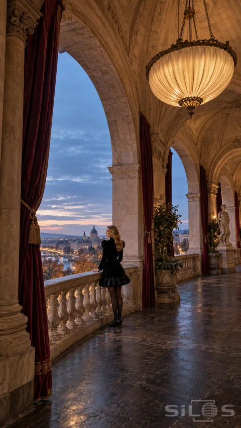 A long-haired woman in a short black velvet dress stands at a stone balcony beneath a glowing lantern and burgundy curtains.