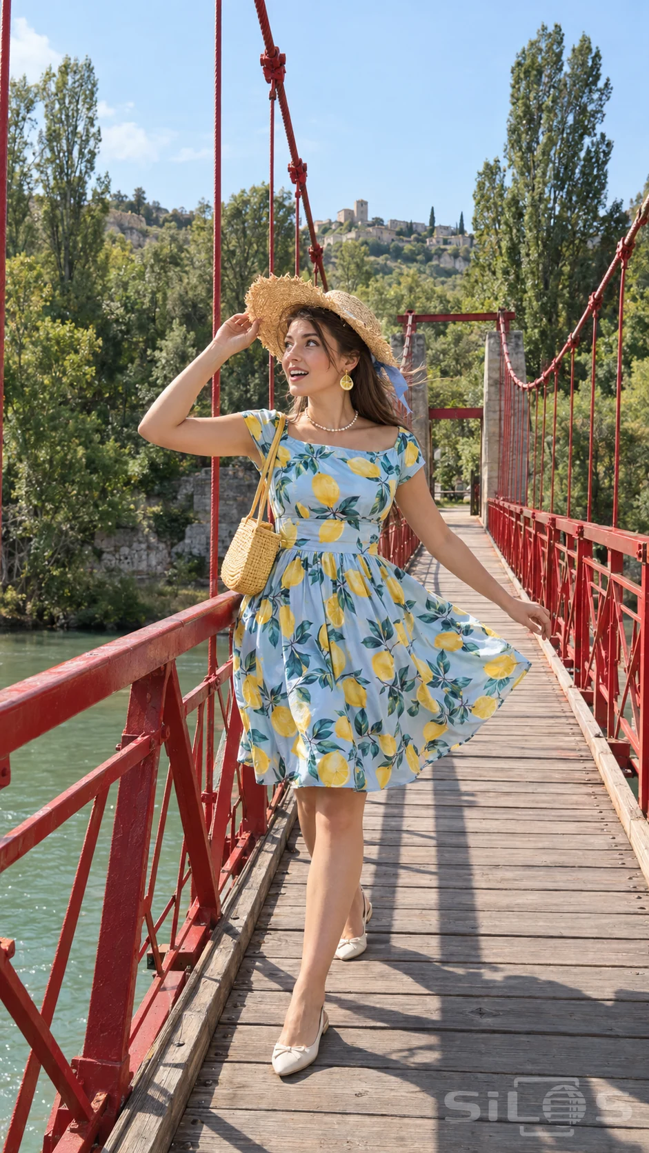 A woman in a blue lemon dress holds her straw hat while crossing a red footbridge over a green river.
