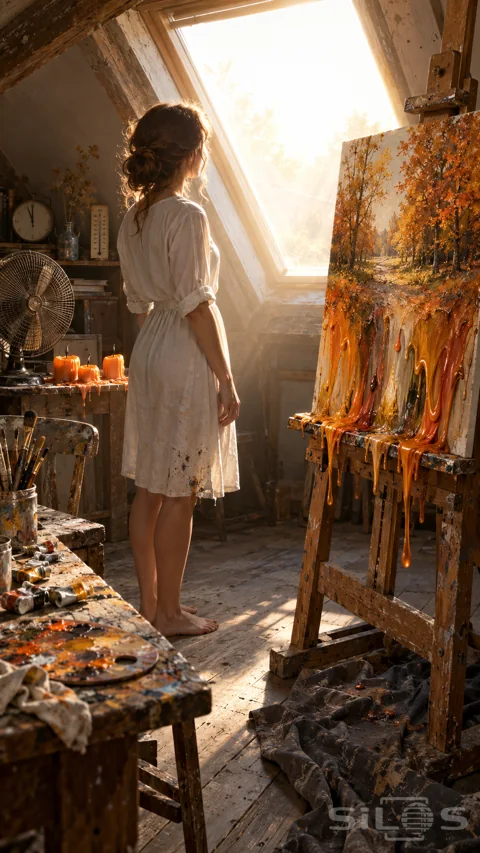 Thick orange paint slides from an autumn landscape in a bright attic as a woman watches the glaring skylight.