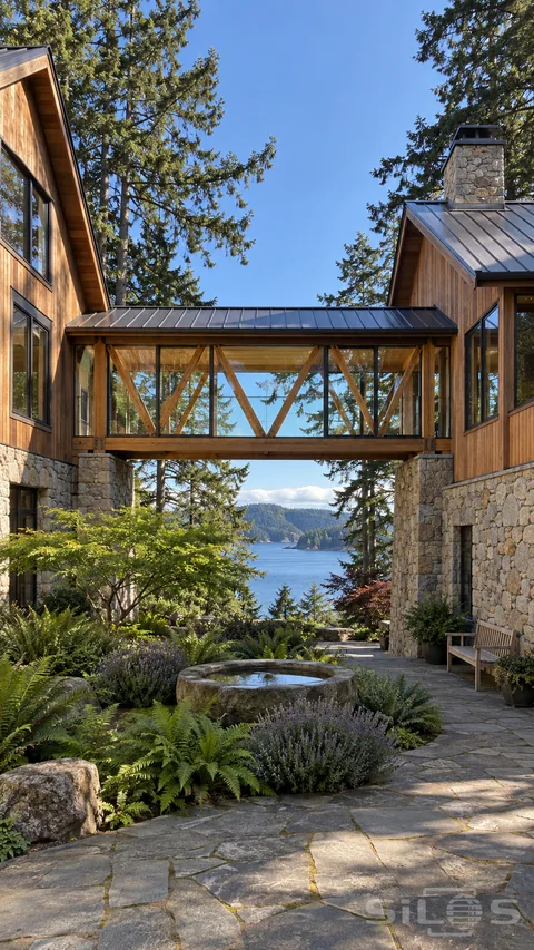 A glazed timber gallery bridges two cedar lodge wings above a stone courtyard with ferns and a round water basin.