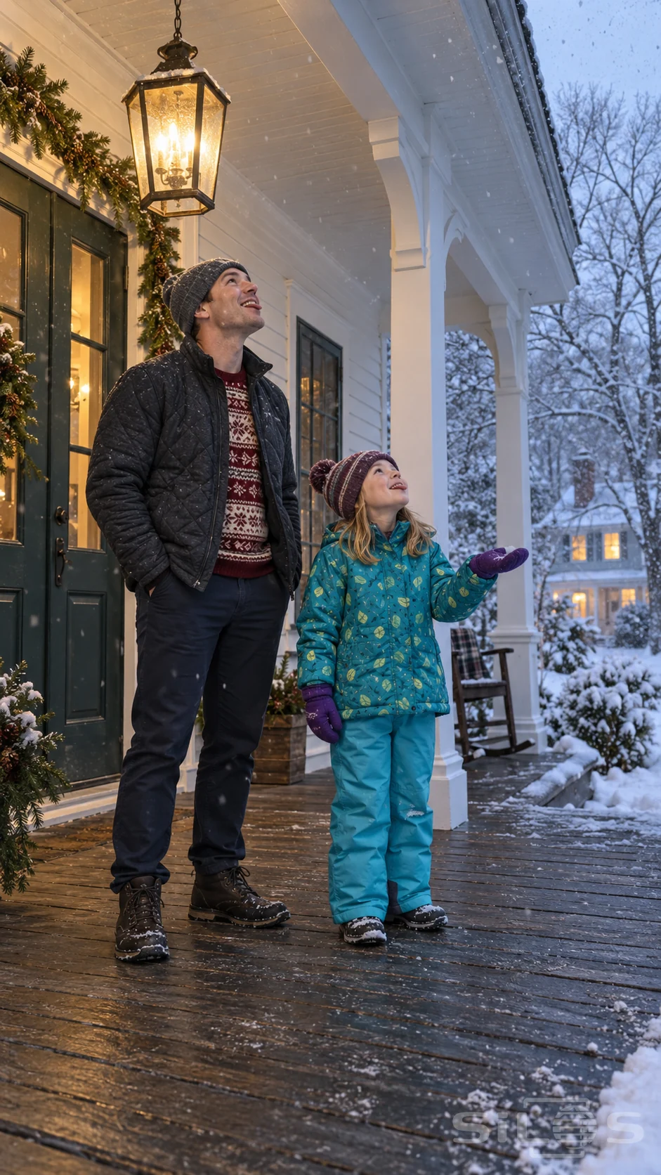 A father and daughter enjoy catching snowflakes beneath warm winter porch light on a white clapboard house.