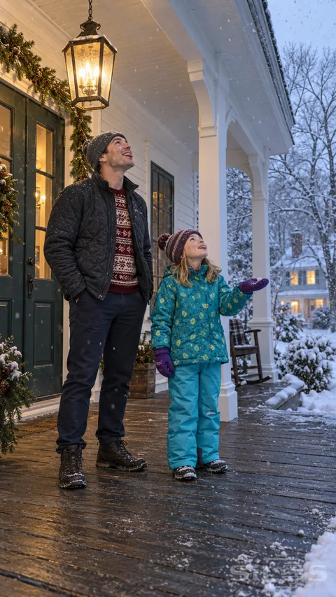 A father and daughter enjoy catching snowflakes beneath warm winter porch light on a white clapboard house.