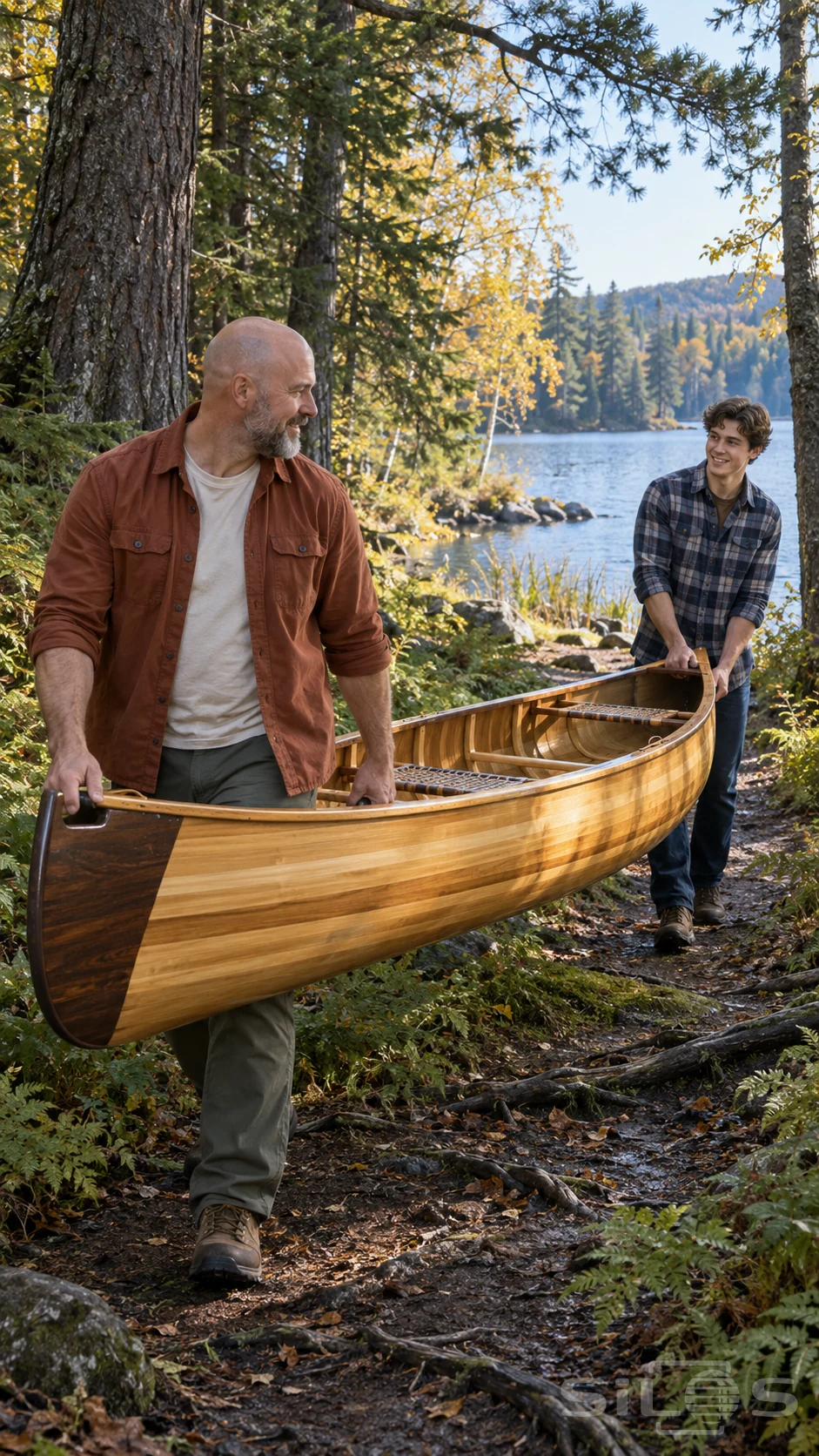 A father and adult son share a cedar canoe carry on a rooted forest path beside a blue lake in autumn sunlight.
