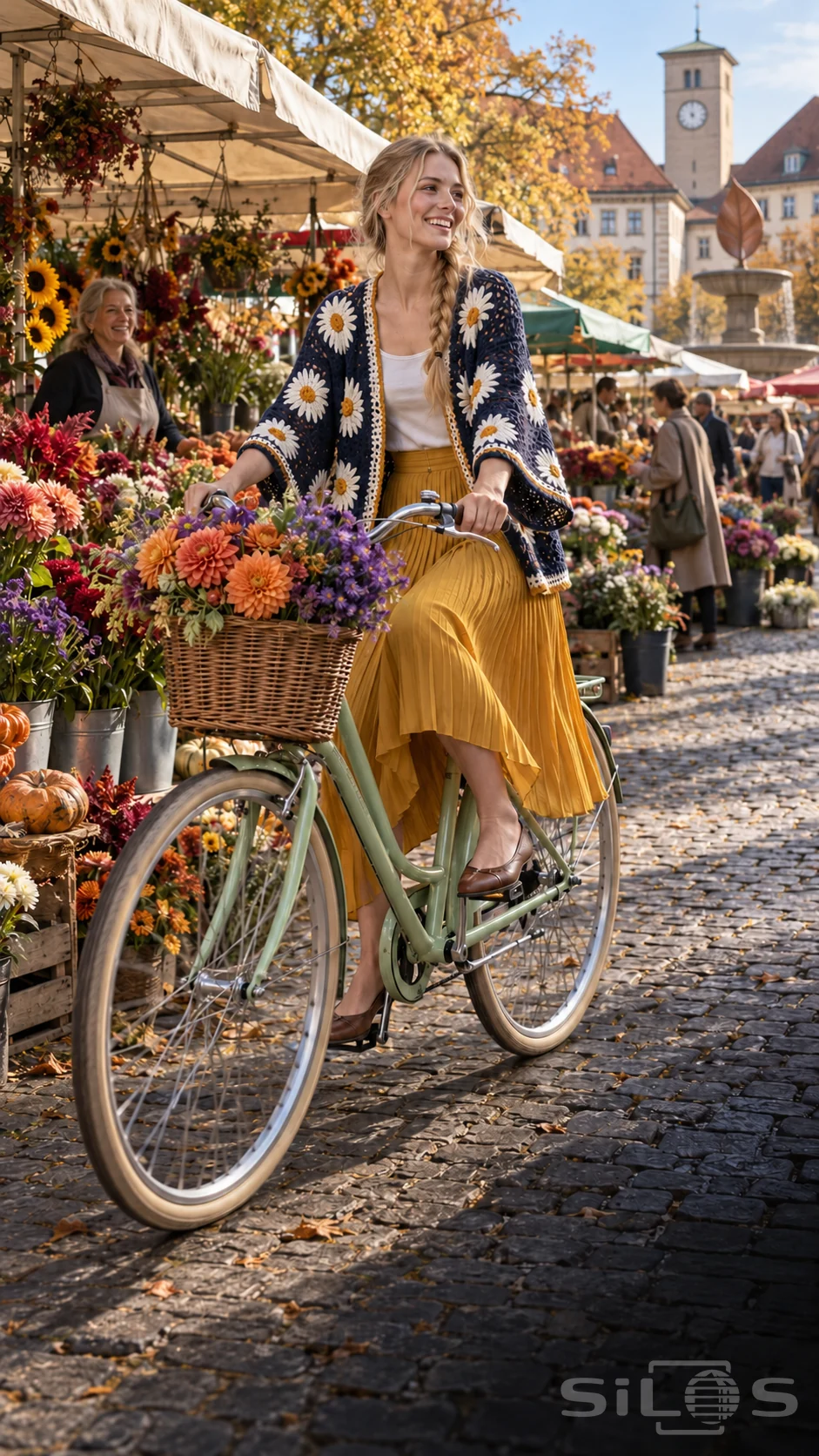 A woman in a navy daisy cardigan and mustard pleated skirt rides a green bicycle through a colorful flower market.