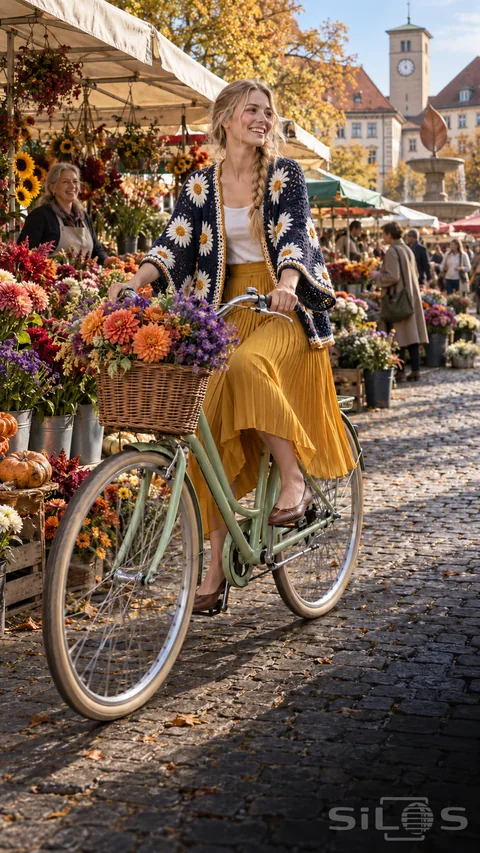 A woman in a navy daisy cardigan and mustard pleated skirt rides a green bicycle through a colorful flower market.