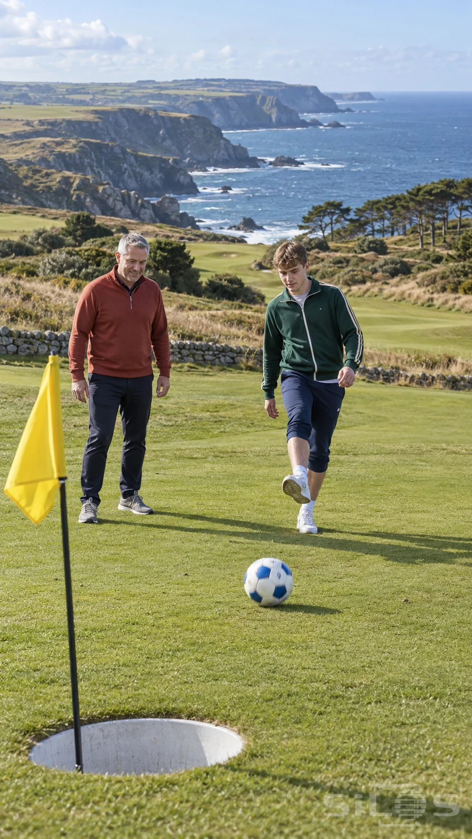 Footgolf putt approaching an oversized cup while father and son watch on a green coastal course.