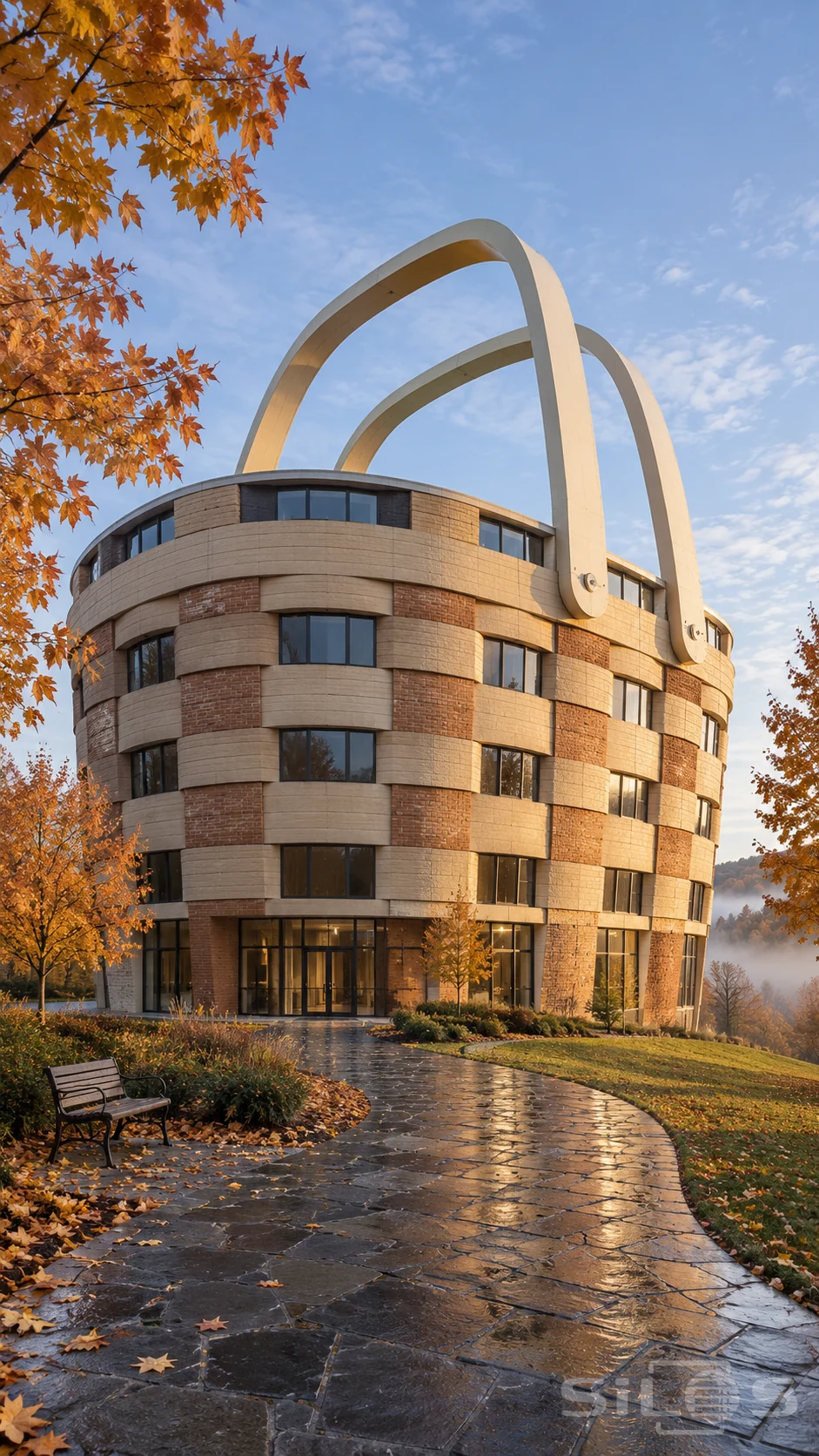 An empty basket building with two arching handles and a woven facade stands beside autumn trees and a curving wet path.