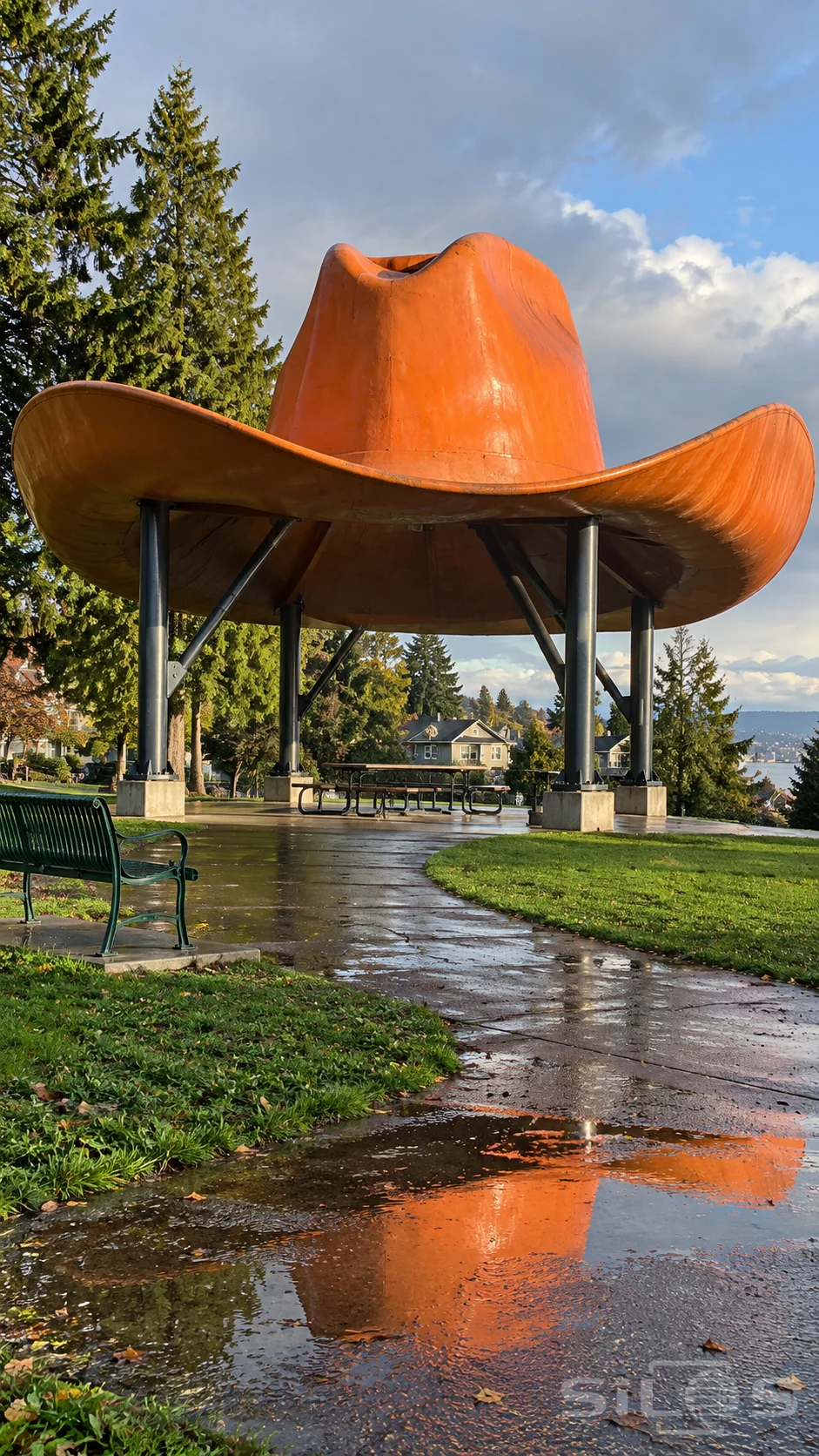 An enormous orange hat pavilion rests on steel columns above picnic tables in a wet park with a reflected brim in the path.