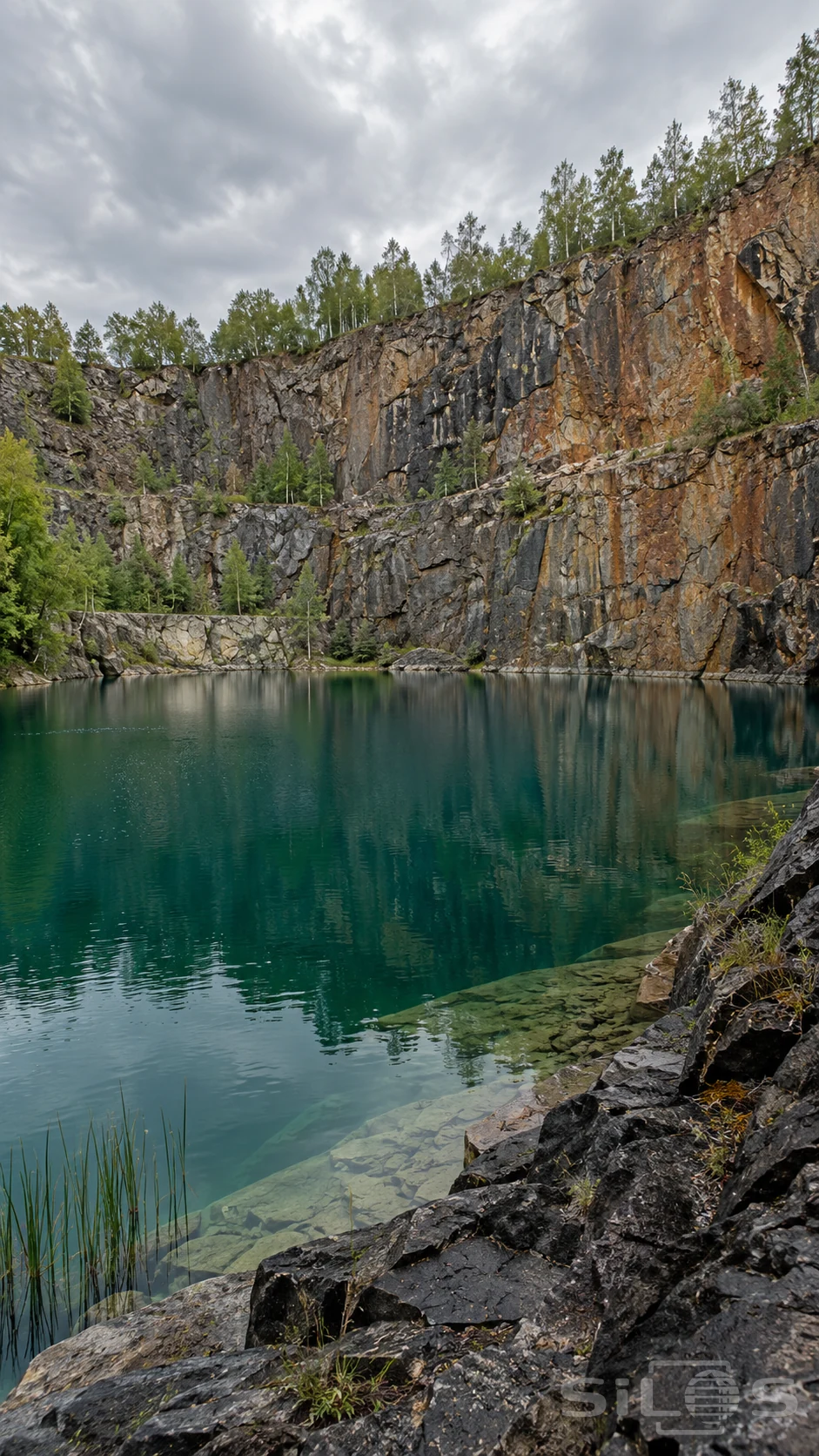 Emerald quarry pond beneath tall ochre and grey rock walls, with birch trees above and a clear submerged stone shelf in the foreground.
