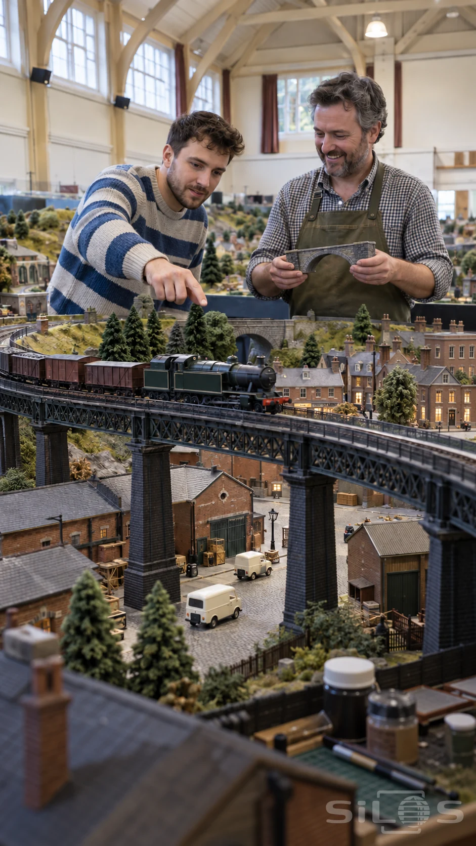 Model railway crossing a miniature town on a steel viaduct, with two adult hobbyists inspecting a small bridge model.