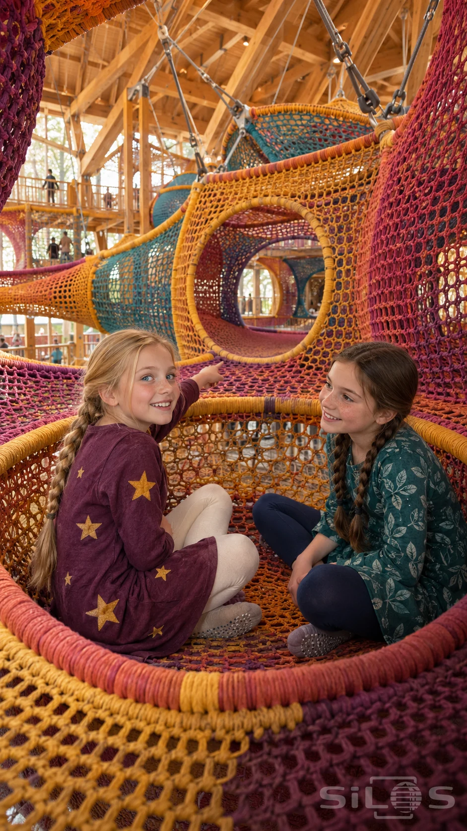 Two girls in patterned dresses sit inside a colorful woven play pavilion, with circular net tunnels and timber beams beyond.