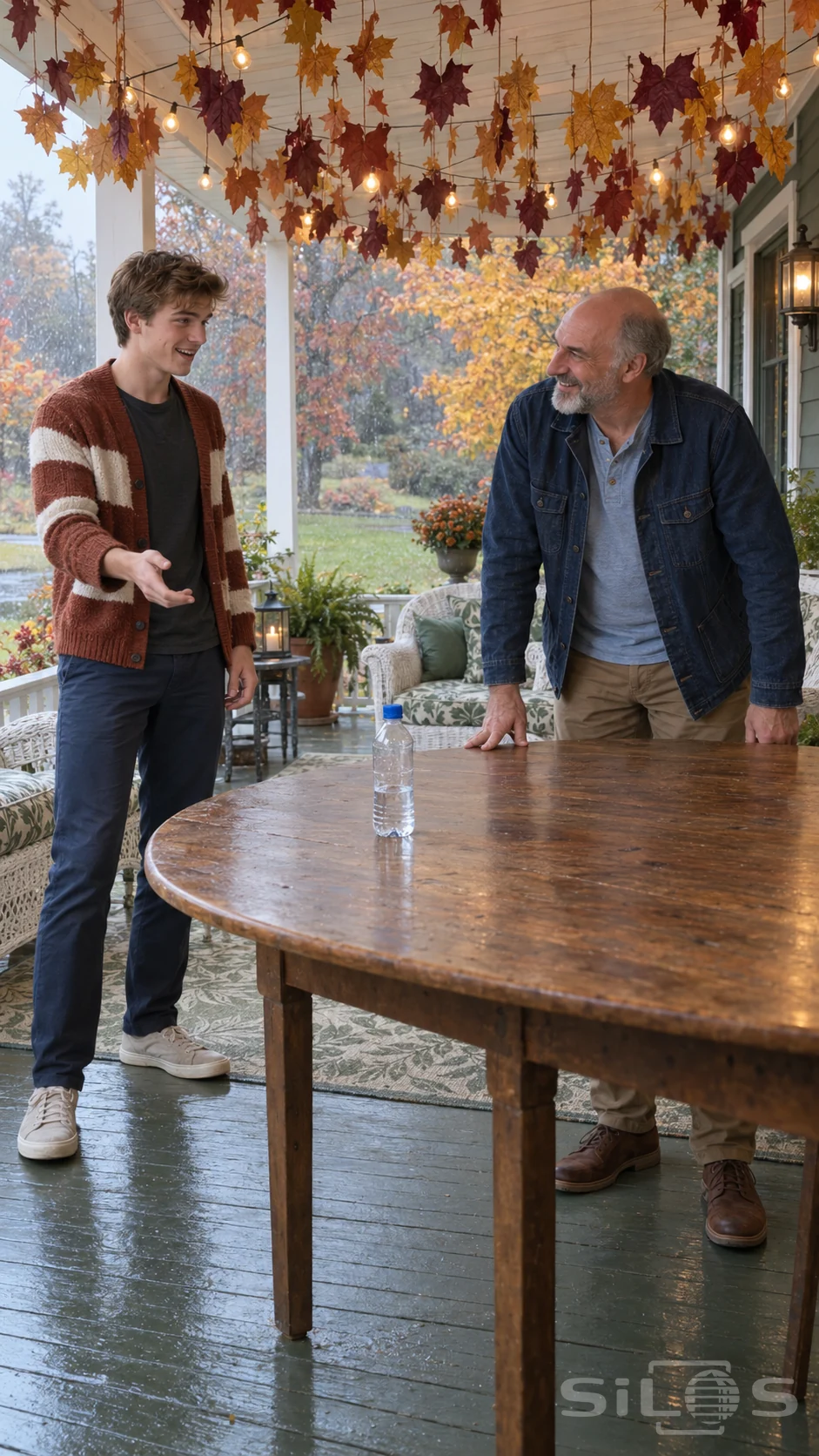 A father and adult son smile across an autumn porch table after a bottle flip beneath hanging paper leaves and warm bulbs.
