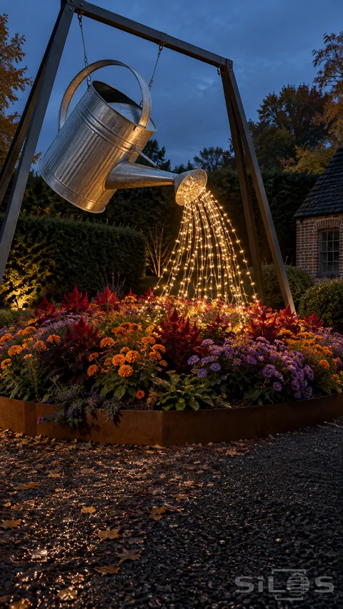 A giant watering can hangs from a steel frame and pours fairy-light strands into red; orange and violet flowers.