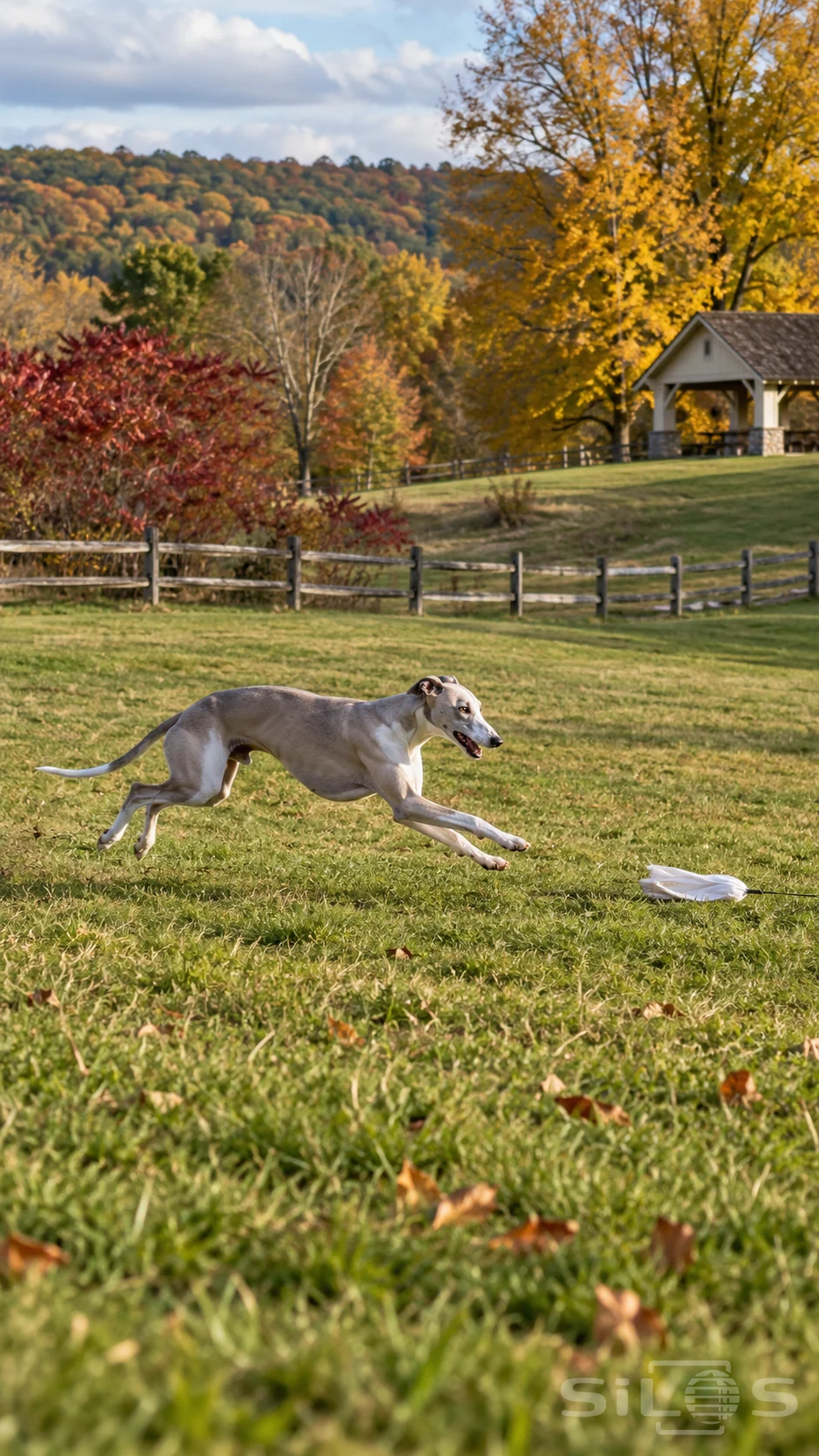A whippet chase follows a white cloth lure over short grass below a split-rail fence and golden autumn meadow hills.