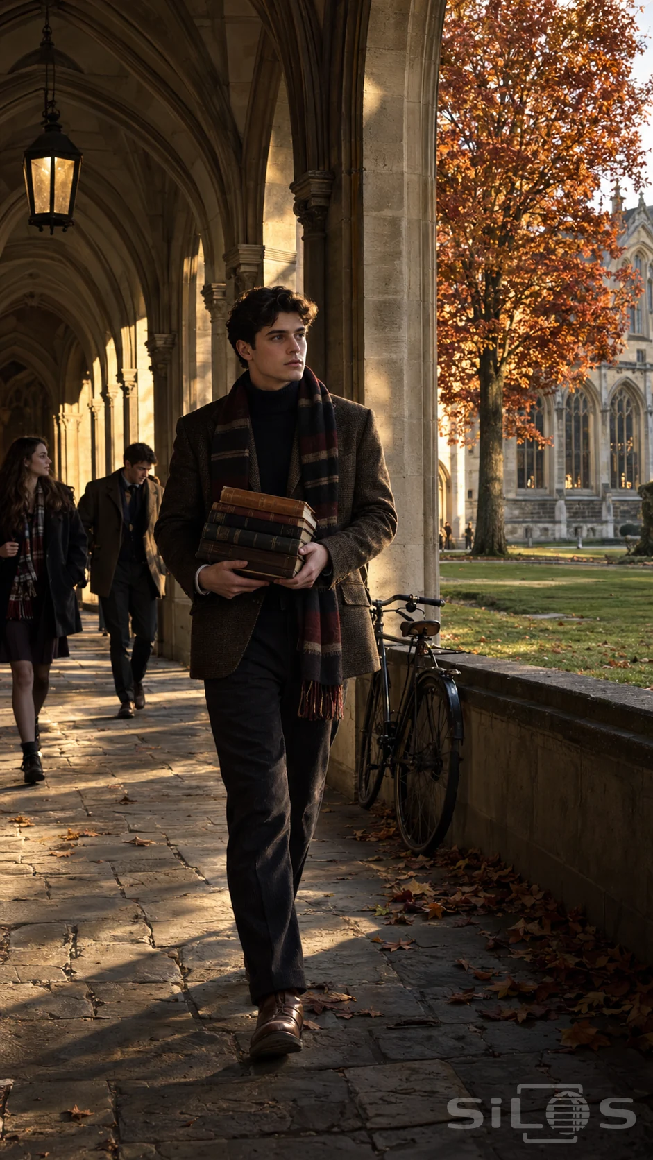 A young man in a tweed jacket and striped scarf carries old books through gothic arches beside a bicycle and copper beech.