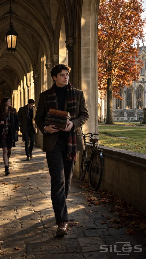 A young man in a tweed jacket and striped scarf carries old books through gothic arches beside a bicycle and copper beech.