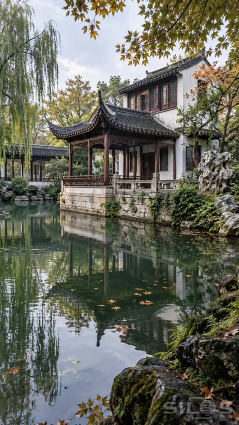 A dark timber pavilion with upturned tiled eaves and a white upper room reflects in a jade-green pond beside willow branches and pale rocks.