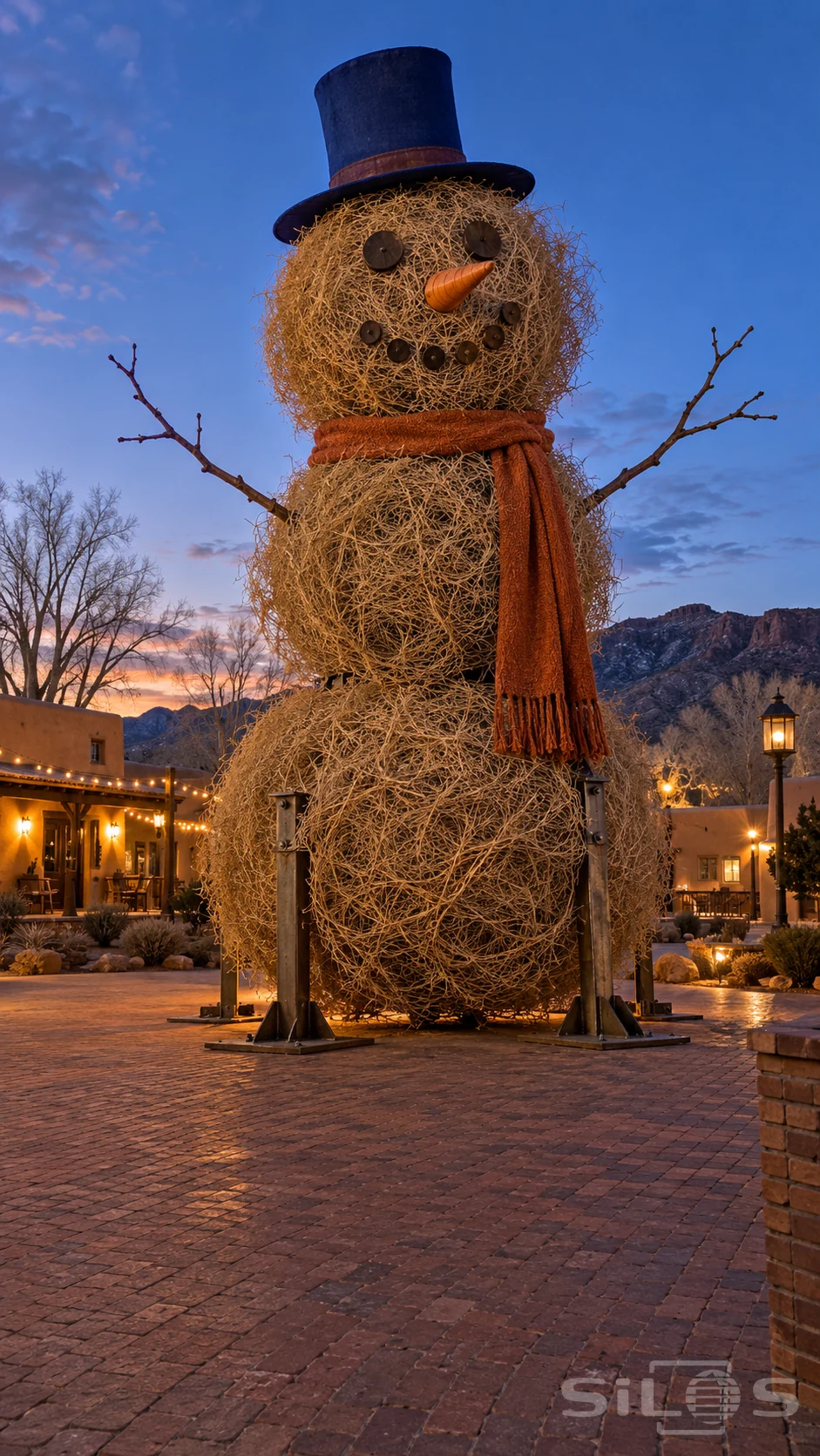 Tumbleweed snowman with a blue hat and rust scarf on steel supports in a warmly lit adobe plaza.