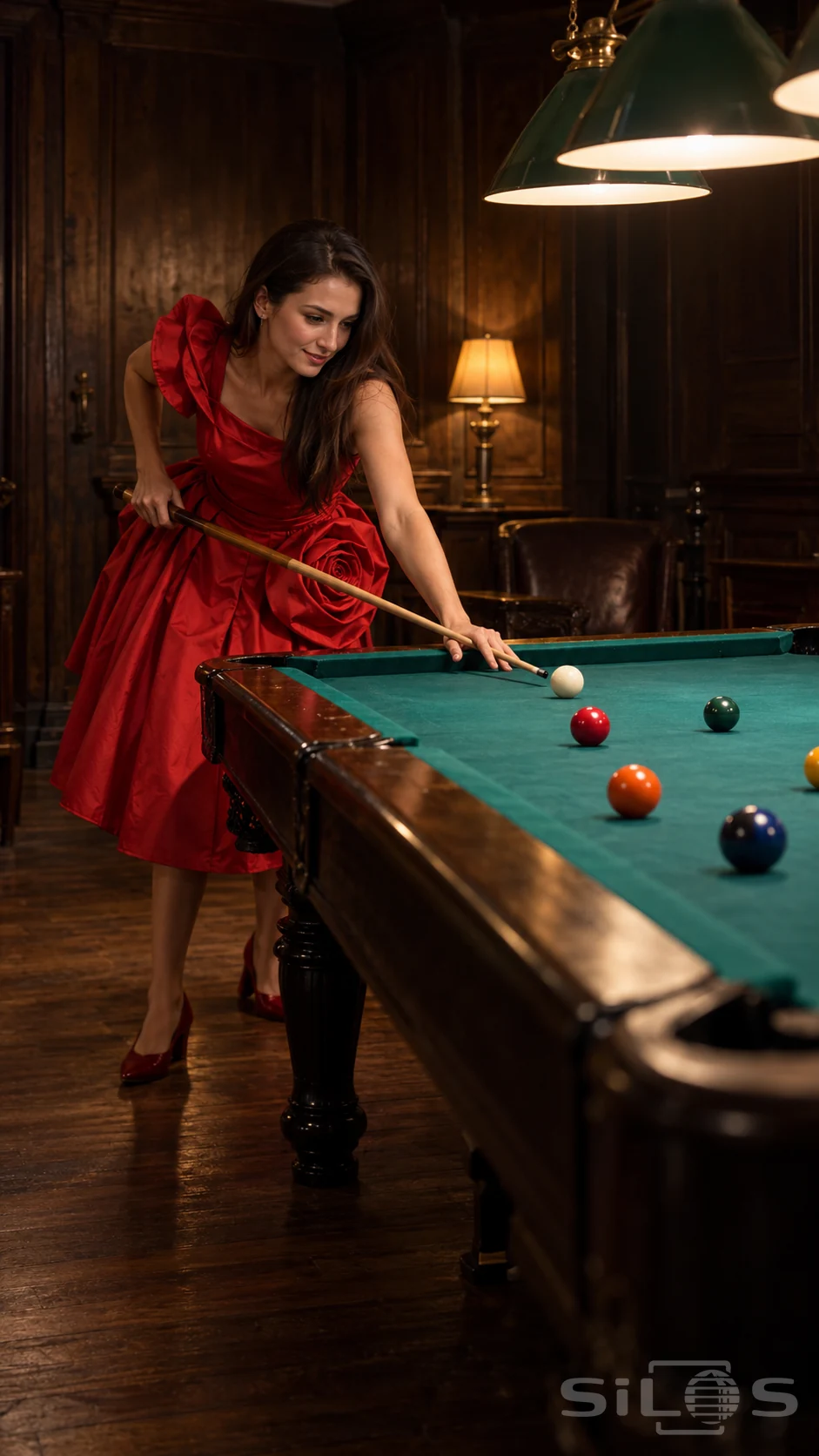 Billiards in red with a woman in a sculptural rose dress aiming a wooden cue toward an ivory ball on a teal table beneath green lamps.