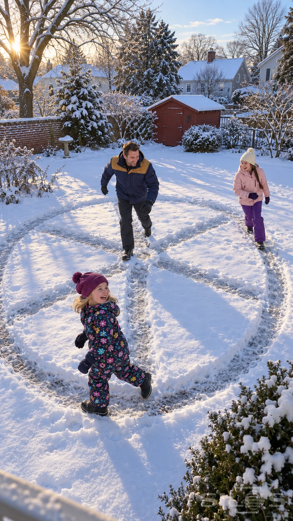 A snow track chase with a girl in a floral snowsuit turning along packed paths while her father and sister follow separate routes.