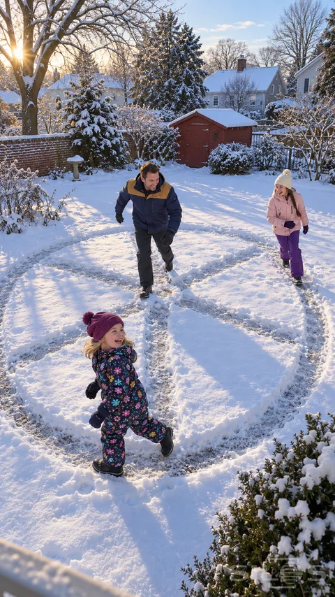 A snow track chase with a girl in a floral snowsuit turning along packed paths while her father and sister follow separate routes.