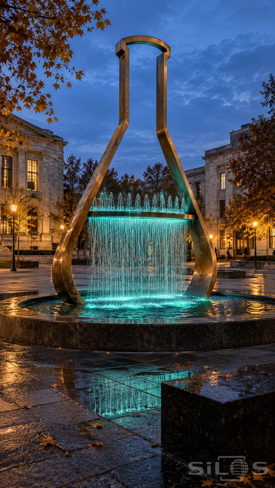 A monumental bronze flask outline frames small jets and a turquoise waterfall above a circular basin in a lamplit stone plaza.