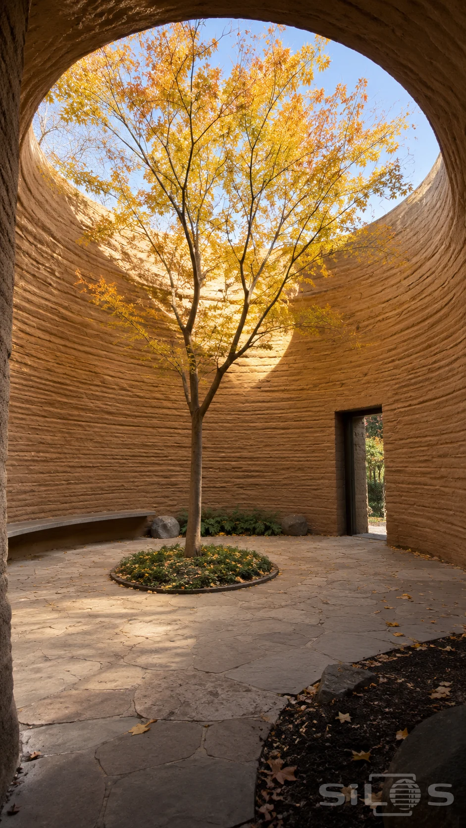 A slender autumn tree grows in a circular earthen courtyard with ridged ochre walls, a round sky opening and pale stone paving.